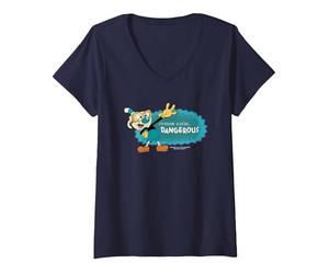 Femme The Cuphead Show ! Mugman Im Feelin a Little... Dangerous T-Shirt avec Col en V, Bleu Marine, XXL