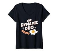 Femme The Dynamic Duo Œufs au Bacon Amusant Amateur de Petit-déjeuner T-Shirt avec Col en V