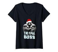 Femme The Final Boss Bonnet de Père Noël Gorille à Dos argenté T-Shirt avec Col en V