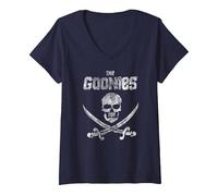 Femme The Goonies Flag on Black T-Shirt avec Col en V, Bleu Marine, M