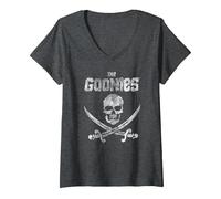 Femme The Goonies Flag on Black T-Shirt avec Col en V, Chiné Foncé, M
