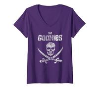 Femme The Goonies Flag on Black T-Shirt avec Col en V, Violet, M