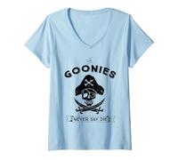 Femme The Goonies Never Say Die Skull Pirate Logo Classique Amusant des années 80 T-Shirt avec Col en V