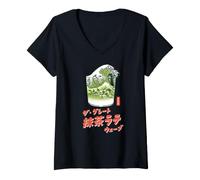 Femme The Great Matcha Latte Wave Japanese Retro Pop Art T-Shirt avec Col en V