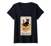 Femme The Hermit Tarot Card in Box Mystic Funny Cat in Box T-Shirt avec Col en V
