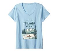 Femme The Lake is My Happy Place Canoë Nature Design T-Shirt avec Col en V