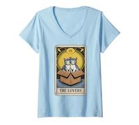 Femme The Lovers Carte de Tarot Chat câlin T-Shirt avec Col en V