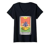 Femme The Lovers Carte de Tarot Chat câlin T-Shirt avec Col en V