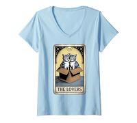 Femme The Lovers Carte de Tarot Chat câlin T-Shirt avec Col en V