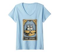 Femme The Lovers Carte de Tarot Chat câlin T-Shirt avec Col en V