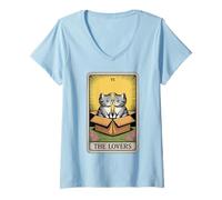 Femme The Lovers Carte de Tarot Chat câlin T-Shirt avec Col en V