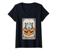 Femme The Lovers Carte de Tarot Chat câlin T-Shirt avec Col en V