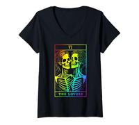Femme The Lovers Carte de Tarot Gothique Occulte Squelette lesbien Halloween T-Shirt avec Col en V