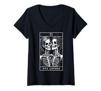 Femme The Lovers Carte de Tarot Gothique Occulte Squelette lesbien Halloween T-Shirt avec Col en V