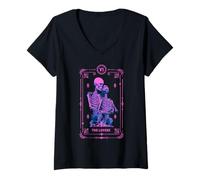 Femme The Lovers Carte de Tarot Occulte Astrologie Crâne Rose T-Shirt avec Col en V
