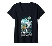 Femme The Mandalorian and Grogu Galaxy's Most Wanted Portrait T-Shirt avec Col en V