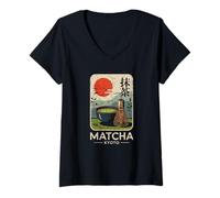 Femme Thé Matcha Japon Kyoto Rétro Japonais Kanji Souvenir T-Shirt avec Col en V
