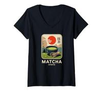 Femme Thé Matcha Japon Kyoto Rétro Japonais Kanji Souvenir T-Shirt avec Col en V