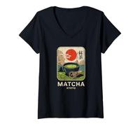 Femme Thé Matcha Japon Kyoto Rétro Japonais Kanji Souvenir T-Shirt avec Col en V
