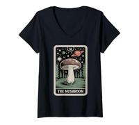 Femme The Mushroom Carte de Tarot Motif Champignons mycologie T-Shirt avec Col en V