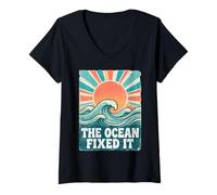 Femme The Ocean Fixed It Retro Beach Waves Sun T-Shirt avec Col en V