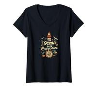 Femme The Ocean is My Happy Place Lighthouse Nautical Design T-Shirt avec Col en V