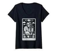 Femme The Persian Cat Mom Carte de Tarot Squelette Motif Lune sorcière T-Shirt avec Col en V
