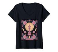 Femme The Queen Tarot Joueur d'échecs floral T-Shirt avec Col en V