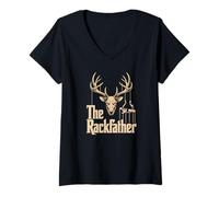 Femme The Rackfather Deer Antlers Funny Hunter Dad Pun T-Shirt avec Col en V