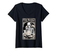 Femme The Reader Book Lover Tarot Style Gothic Story Squelette T-Shirt avec Col en V