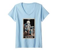 Femme The Reader Tarot Livre de Lecture drôle Squelette T-Shirt avec Col en V