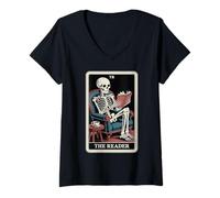 Femme The Reader Tarot Livre de Lecture Squelette T-Shirt avec Col en V