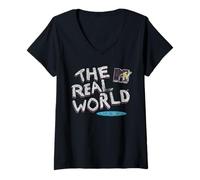 Femme The Real World 1992 Distressed MTV Logo Vintage TV T-Shirt avec Col en V
