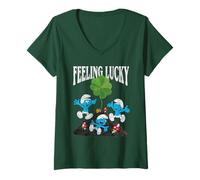 Femme The Smurfs Feeling Lucky Shamrock St. Patrick's Day Cartoon T-Shirt avec Col en V