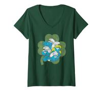 Femme The Smurfs Four Leaf Clover Cast St. Patrick's Day Cartoon T-Shirt avec Col en V