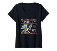 Femme The Smurfs Smurfy Xmas Ugly Sweater Design T-Shirt avec Col en V