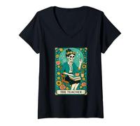 Femme The Teacher Tarot Card Skeleton Vintage Classroom Halloween T-Shirt avec Col en V
