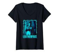 Femme The Texas Chainsaw Massacre Retro Blue Leatherface Horror T-Shirt avec Col en V