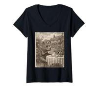Femme Thé Vintage Rhinoceros Victorian Cottagecore T-Shirt avec Col en V