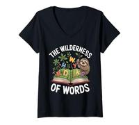 Femme The Wilderness of Words Sloth Book Reader Kids T-Shirt avec Col en V