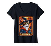 Femme The Witch Kitten Carte de Tarot Vintage pour Halloween T-Shirt avec Col en V