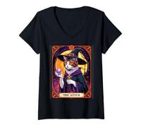 Femme The Witch Kitten Carte de Tarot Vintage pour Halloween T-Shirt avec Col en V