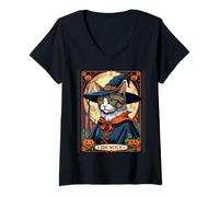 Femme The Witch Kitten Carte de Tarot Vintage pour Halloween T-Shirt avec Col en V