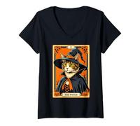 Femme The Witch Kitten Carte de Tarot Vintage pour Halloween T-Shirt avec Col en V