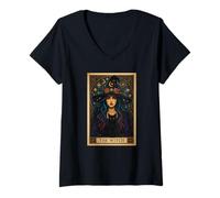 Femme The Witch Tarot Carte d'halloween Chat Gothique Femme Sorcière Vibes T-Shirt avec Col en V
