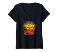 Femme Theater Drama Queen Masques Comédie et Tragédie Visage Design T-Shirt avec Col en V