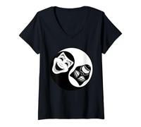 Femme Théâtre Yin Yang - Masques comédie et tragédie T-Shirt avec Col en V