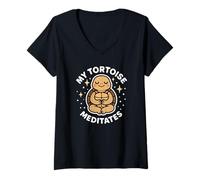 Femme Thème Animal Mignon « Ma Tortue médite » T-Shirt avec Col en V