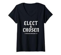 Femme Théologie réformée élue et élue chrétienne Verset biblique T-Shirt avec Col en V