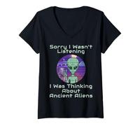 Femme Théoriciens des Anciens Aliens Théorie de la Conspiration T-Shirt avec Col en V